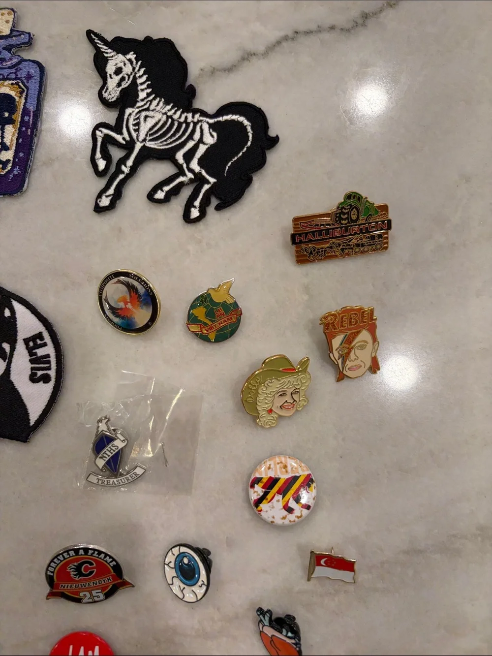 28 piece Assorted Iron-On Patches and Enamel Pins - Multi-Color Patch Collection